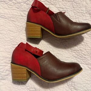 Elegant Red and Brown Block Heel Shoes